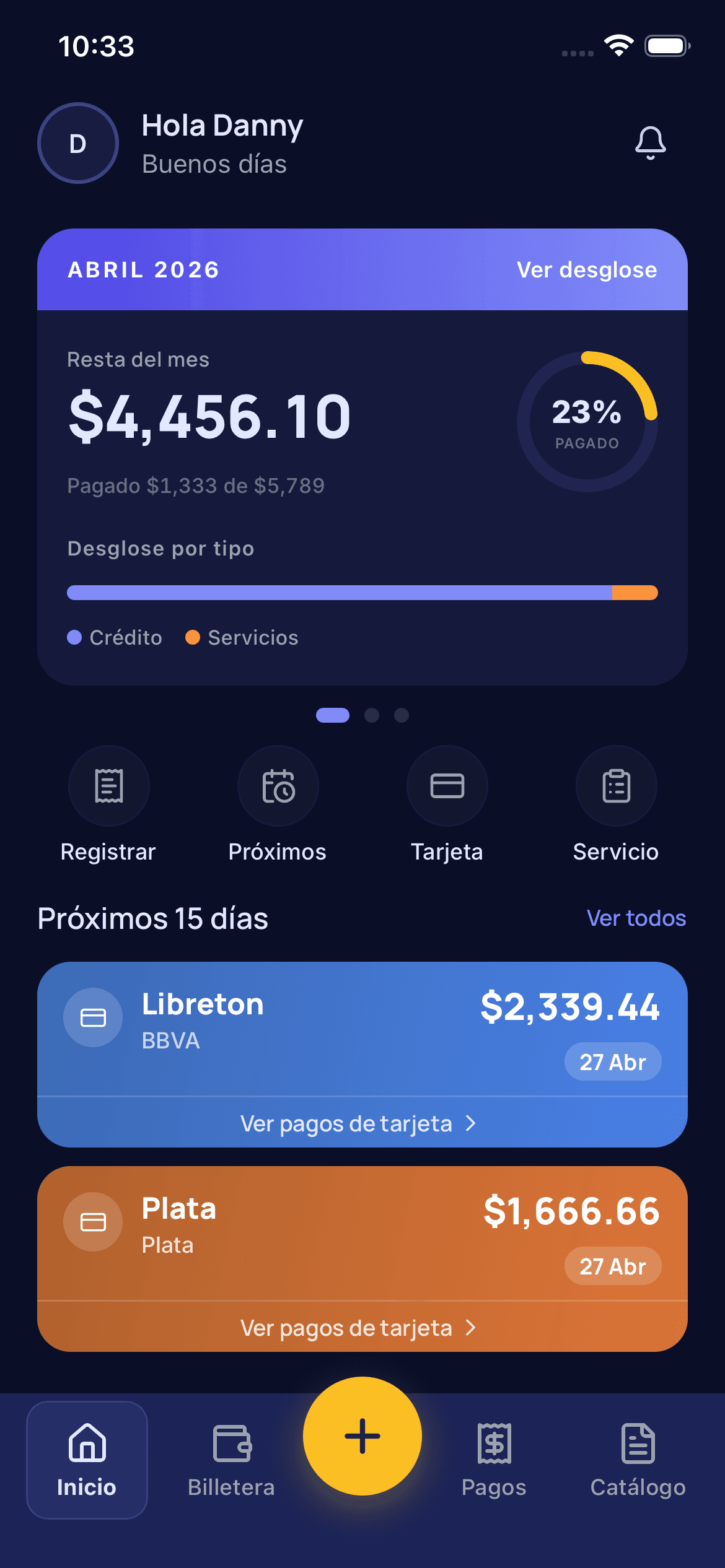 Conomi — pantalla principal mostrando resumen de tarjetas y pagos del mes